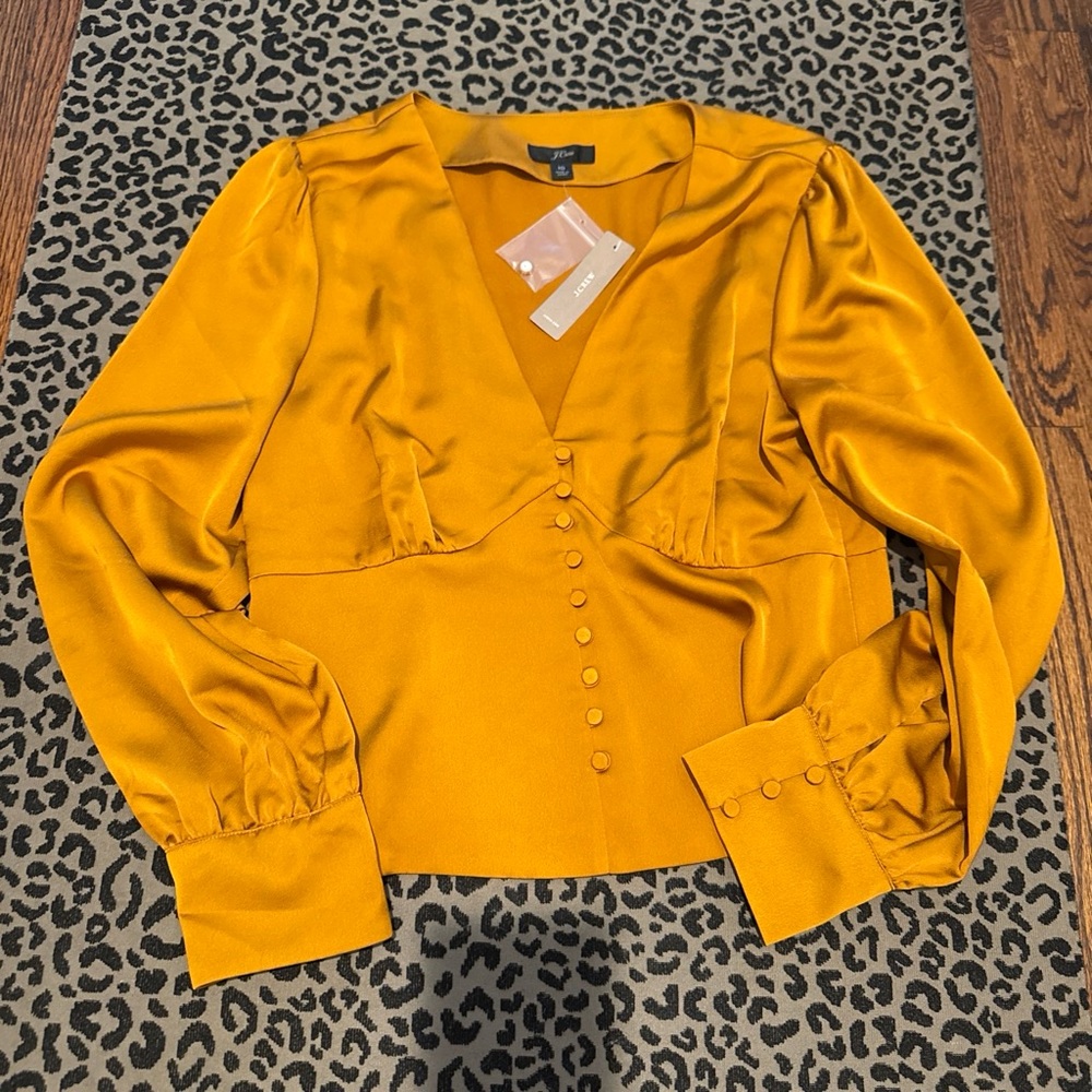 Mustard Satin Button-Front V-Neck Blouse